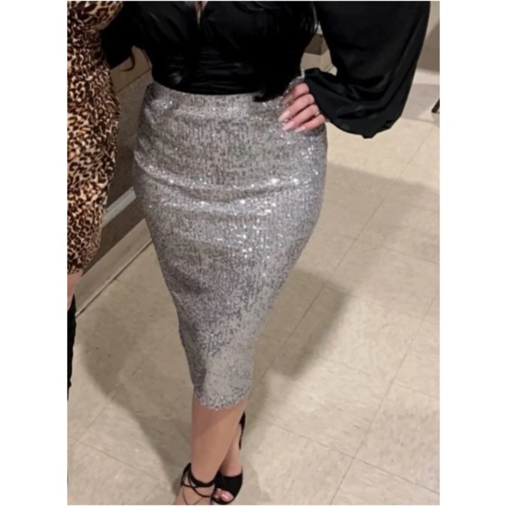 Rachel Zoe Silver Sequin Midi Skirt Stretch Pencil Bodycon Party Night Out M